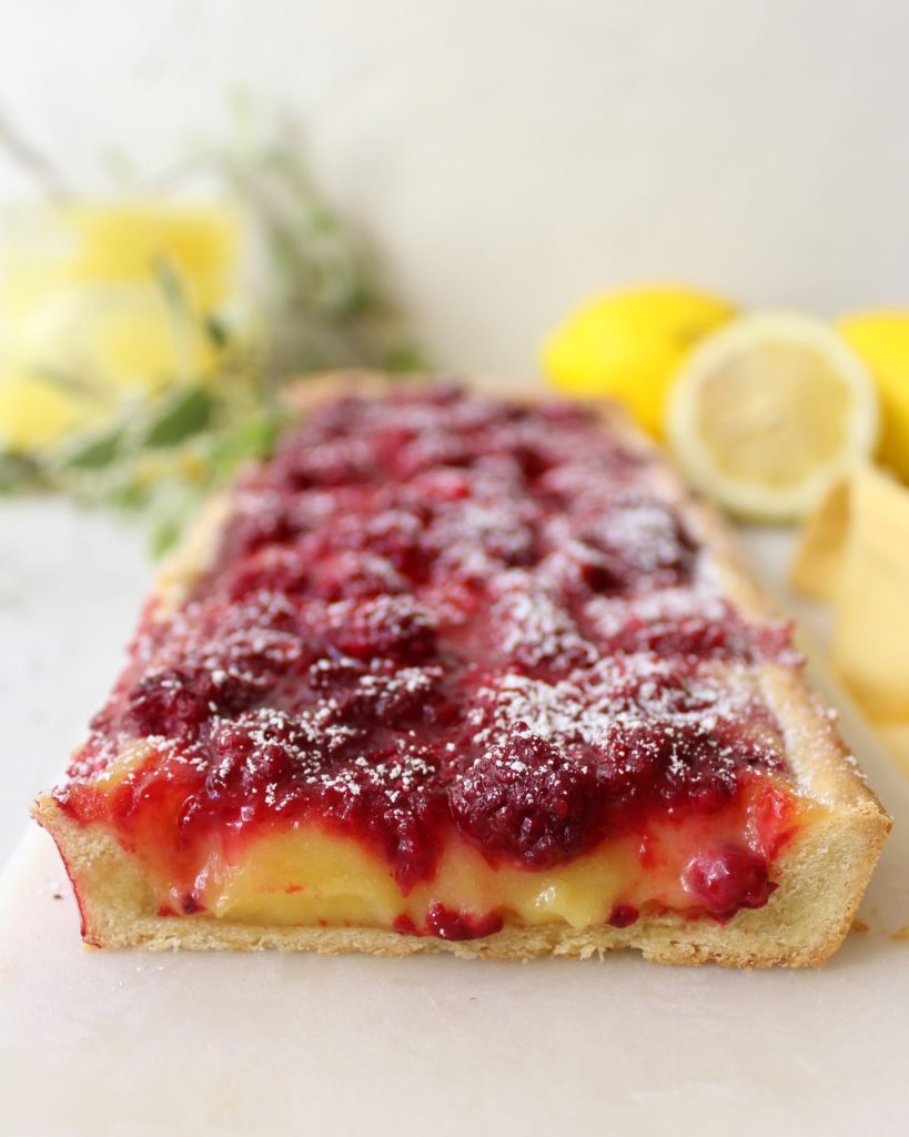 Lemon tart with tayberries, lemon curd