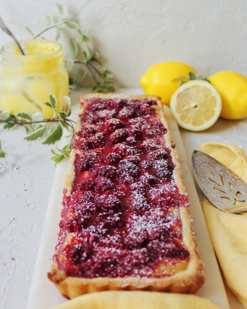 Lemon tart with tayberries, lemon curd