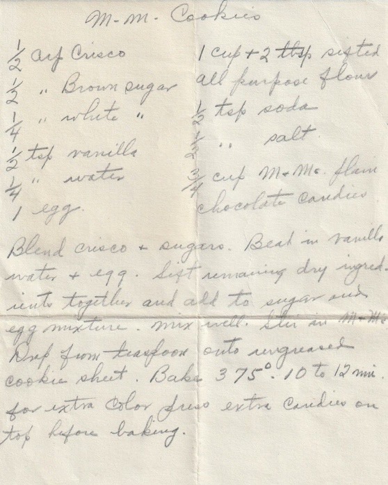 M&M Cookie Recipe, handwritten
