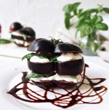 Black beauty tomato caprese stack