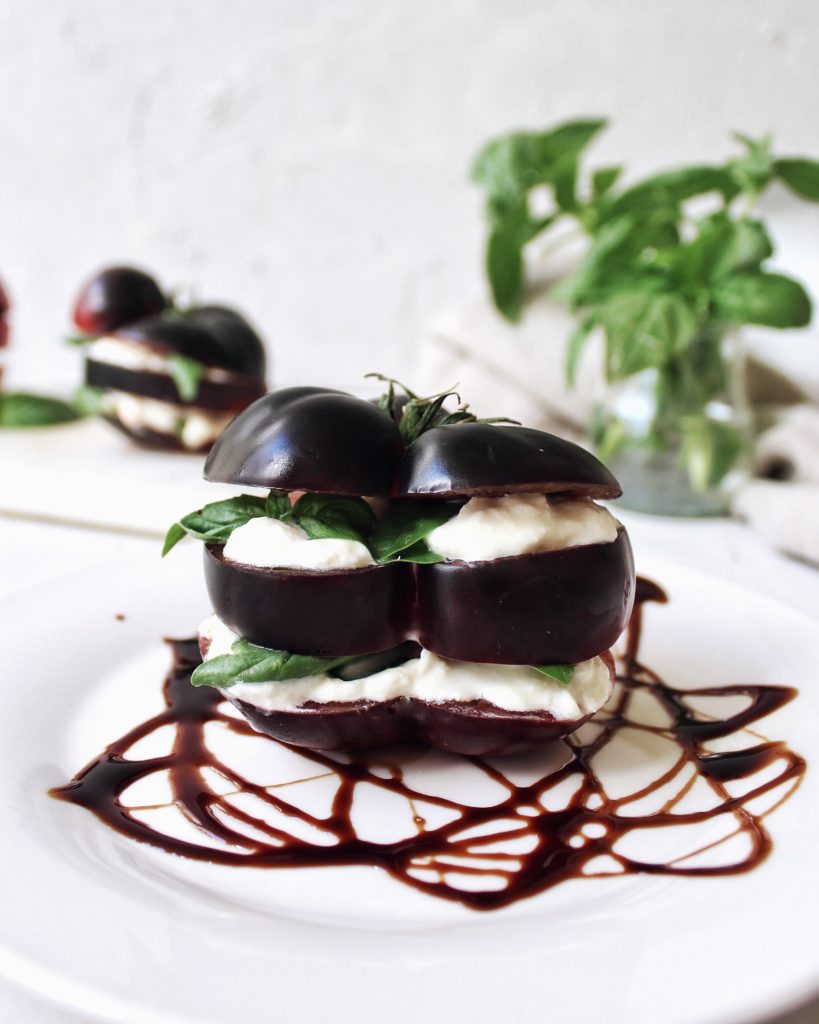 Black beauty tomato caprese stack