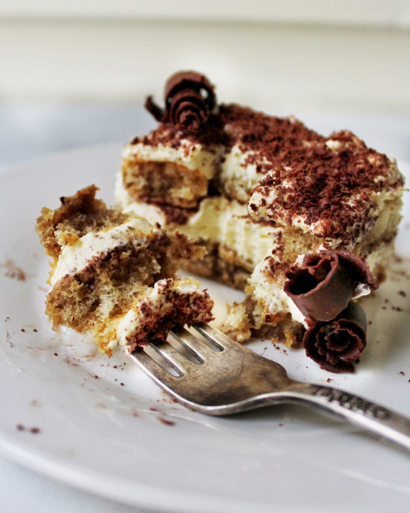 Homemade Tiramisu with mascarpone, lady fingers, and shaved chocolate