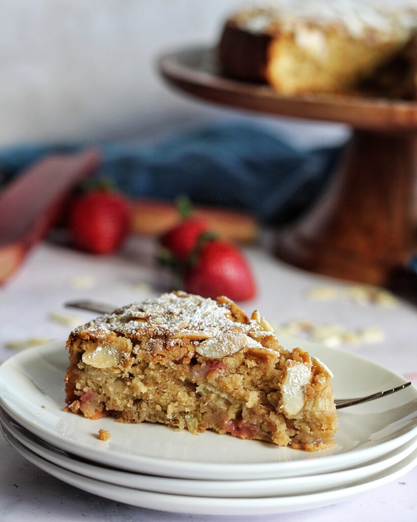 Slice of strawberry rhubarb cake 