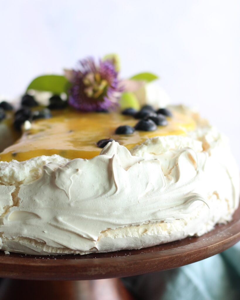 Close up of the side of pavlova cake 