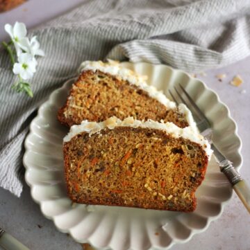 Close up of two carrot cake slices